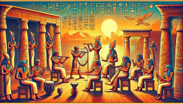 Ilustración que muestra músicos egipcios tocando instrumentos como el arpa y el sistro en un entorno ceremonial. Al fondo se aprecian jeroglíficos, un templo y el río Nilo, destacando la conexión entre la música y la vida cultural en el antiguo Egipto
