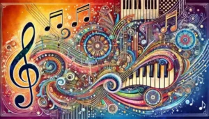 Ilustración vibrante de notas musicales fluyendo desde un piano y una guitarra, con colores vivos que representan la escala cromática
