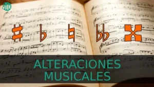 Imagen de la portada del post de alteraciones musicales, en ella se ven los simbolos de sostenidos, bemoles y becuadro